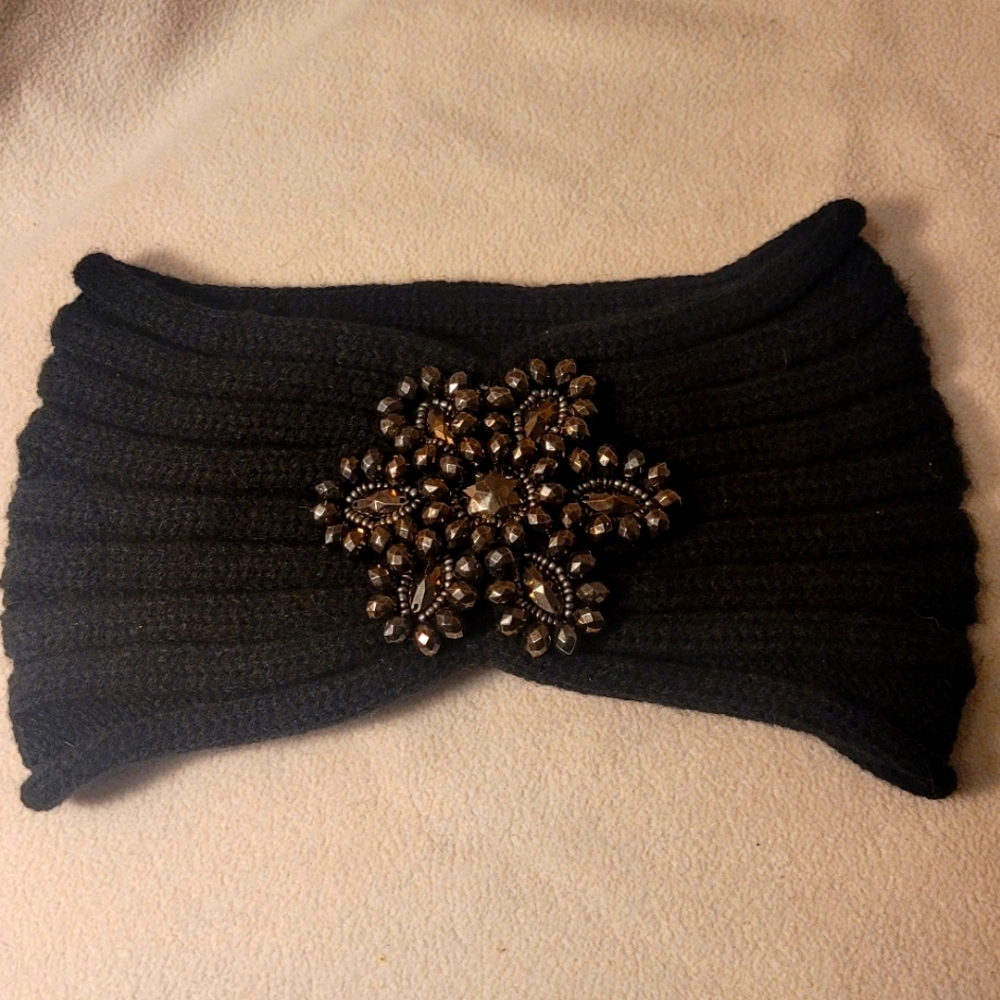 Black Knit Headband with Embellished Flower